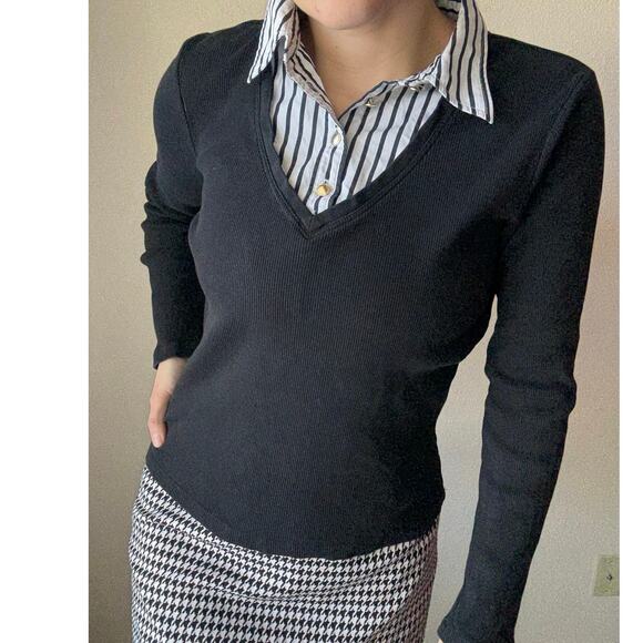 Lauren Ralph Lauren y2k knit sweater button down layered stripe black white work - Picture 3 of 9